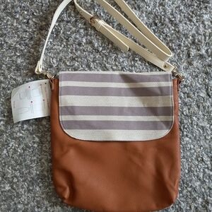 Thrity-One Crossbody Tan Bag. Gray And Cream Striped Canvas Flop NWT